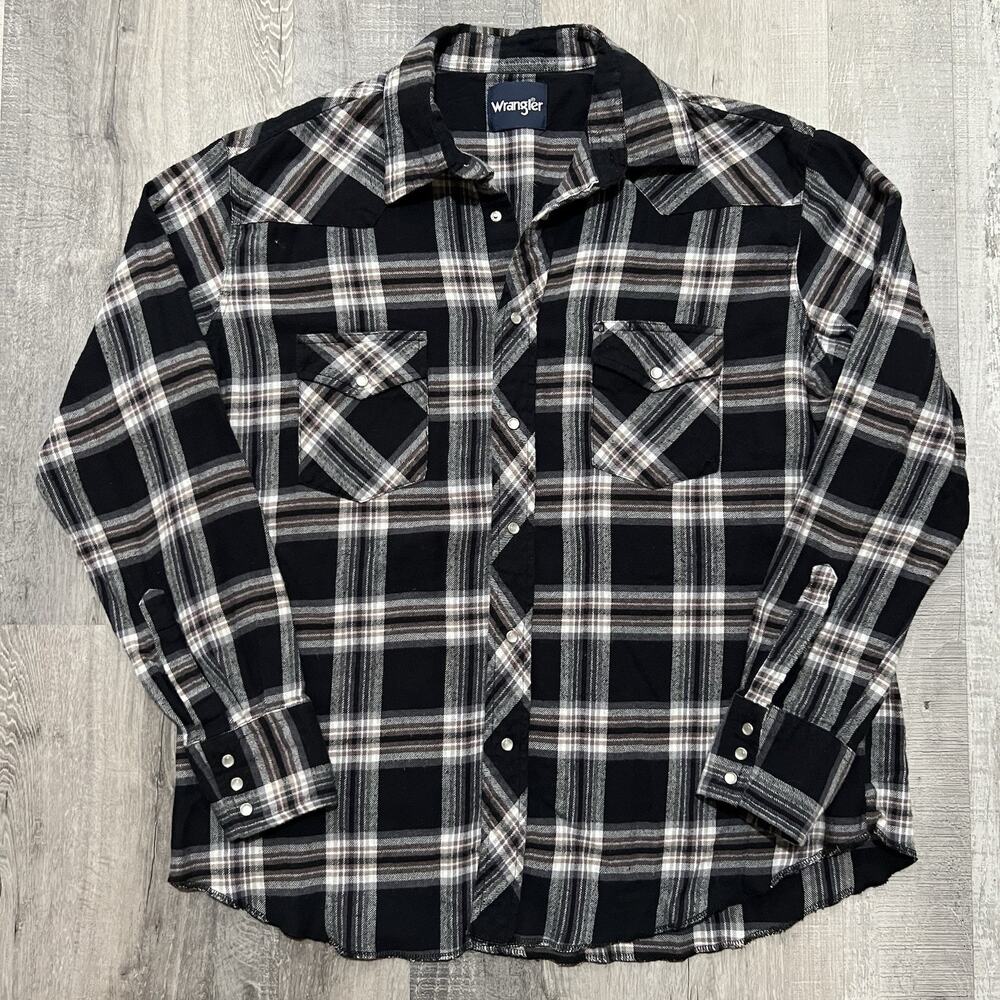 VTG Wrangler Cotton Pearl Snap Western Shirt Black/Grey Plaid Size Mens XL
